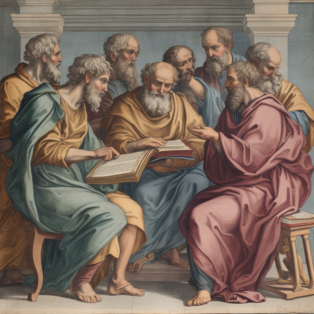 group of ancient philosophers discussing a text